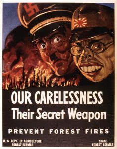 WW II US government poster to encourage citizens not to ignite wildfires.